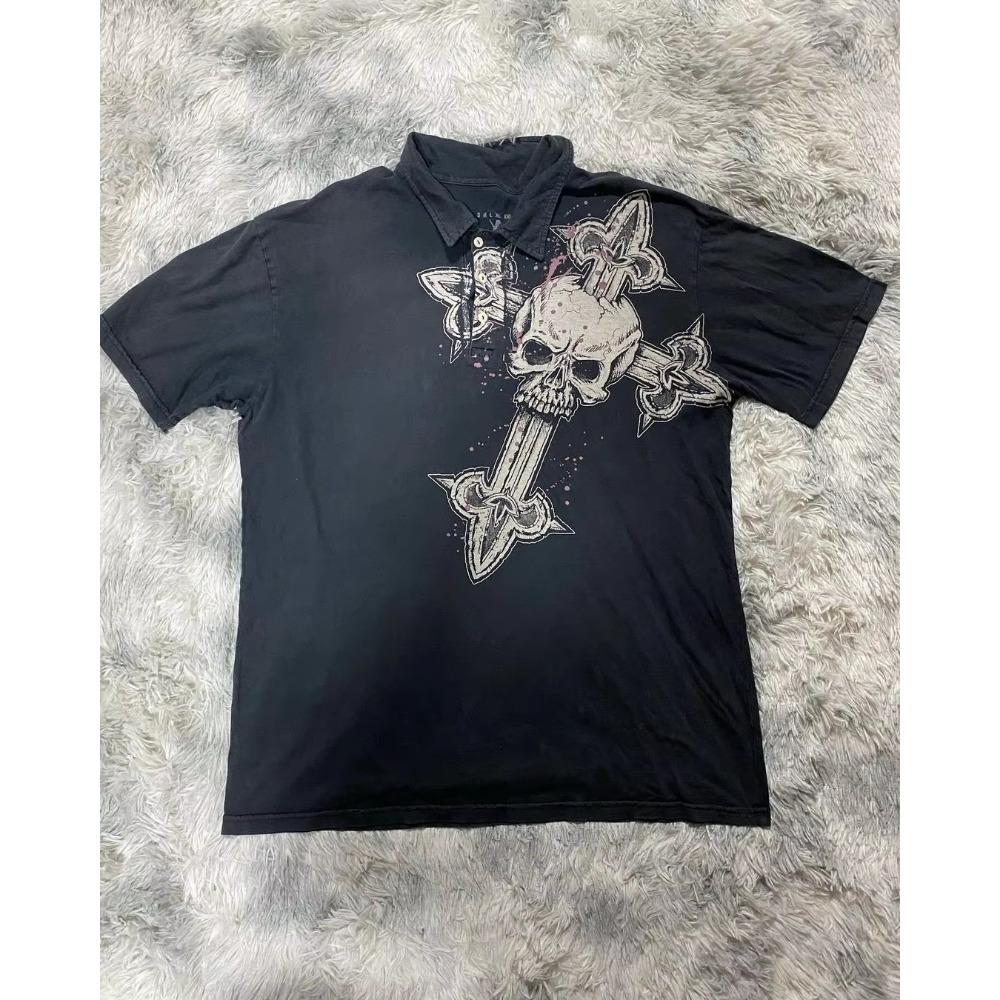 Уличный стиль женские топы с коротким рукавом лето ретро готический стиль высокий дизайн гербовый сбор Y2k панк стиль корейская мода