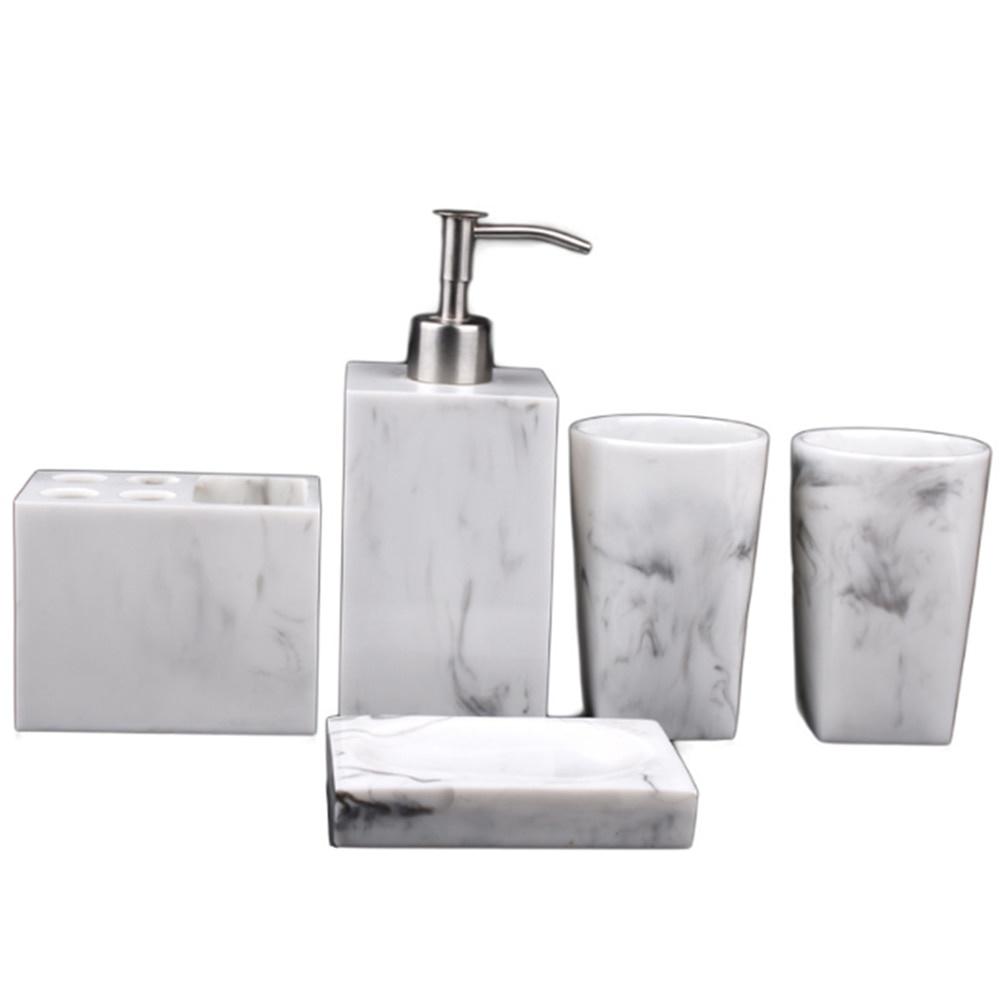 5pcs Resin Imitation Marble Bathroom Accessory Set Mouthwash Cup Soap Toothbrush Holder Shampoo Bottle Household Wash Set