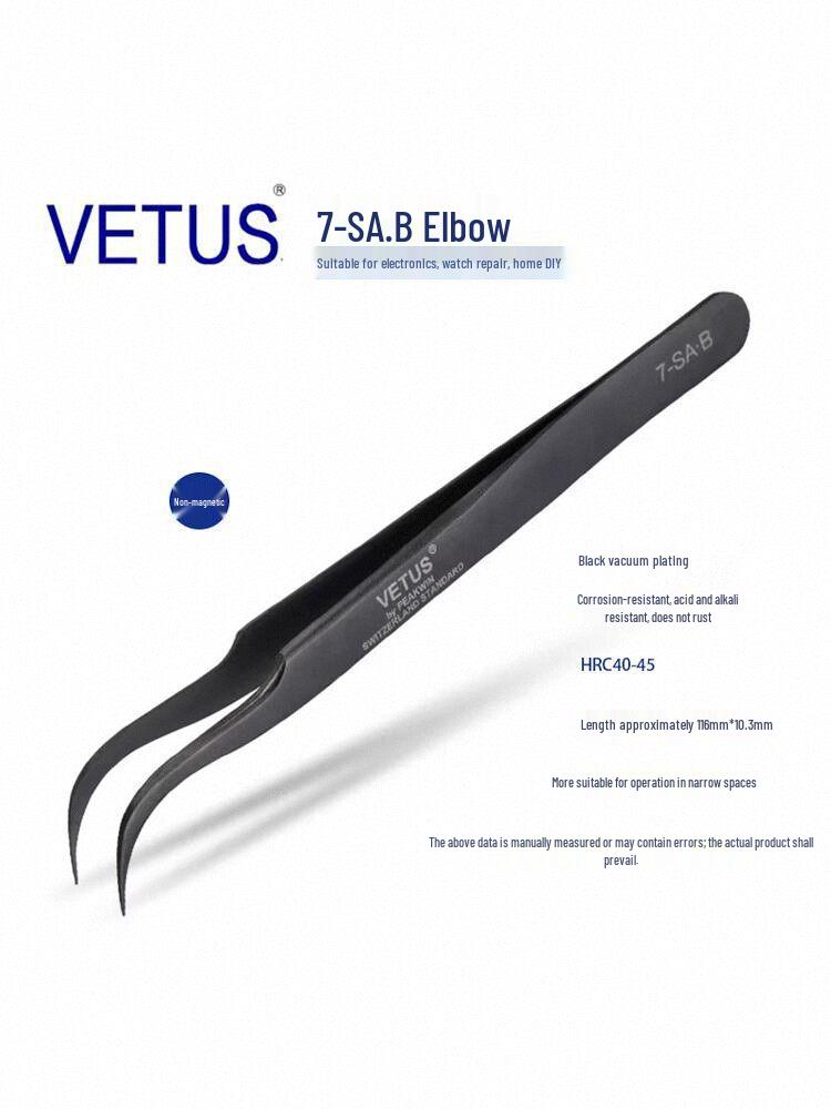 VETUS SA Black Series 302 Stainless Steel Precision Tweezers for Mobile, Watch Repair, Hair Removal, and Bird's Nest Picking