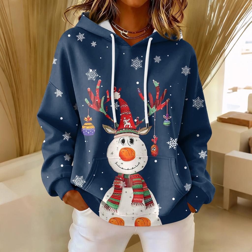 Женская свободная удобная повседневная модная толстовка с V-образным вырезом и рождественским принтом с длинным рукавом