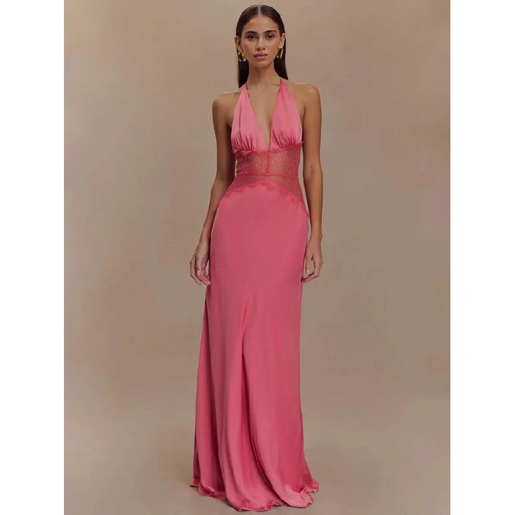 Summer Backless Sexy Maxi Dress Women Gown Patchwork Lace Halter Deep V Neck Sleeveless High Waist Elegant Long Dress