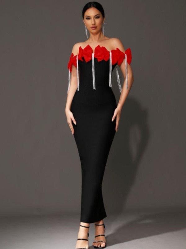 European & American One-Shoulder Rhinestone Bow Tassel Dress