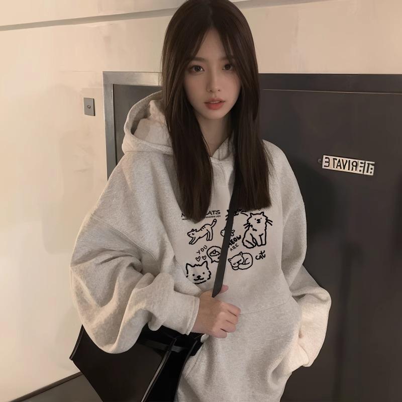 Women's 2025 American Style Thickened Hoodie - Autumn/Winter Plus Velvet Heavyweight, Loose Fit, Lazy Style Outerwear