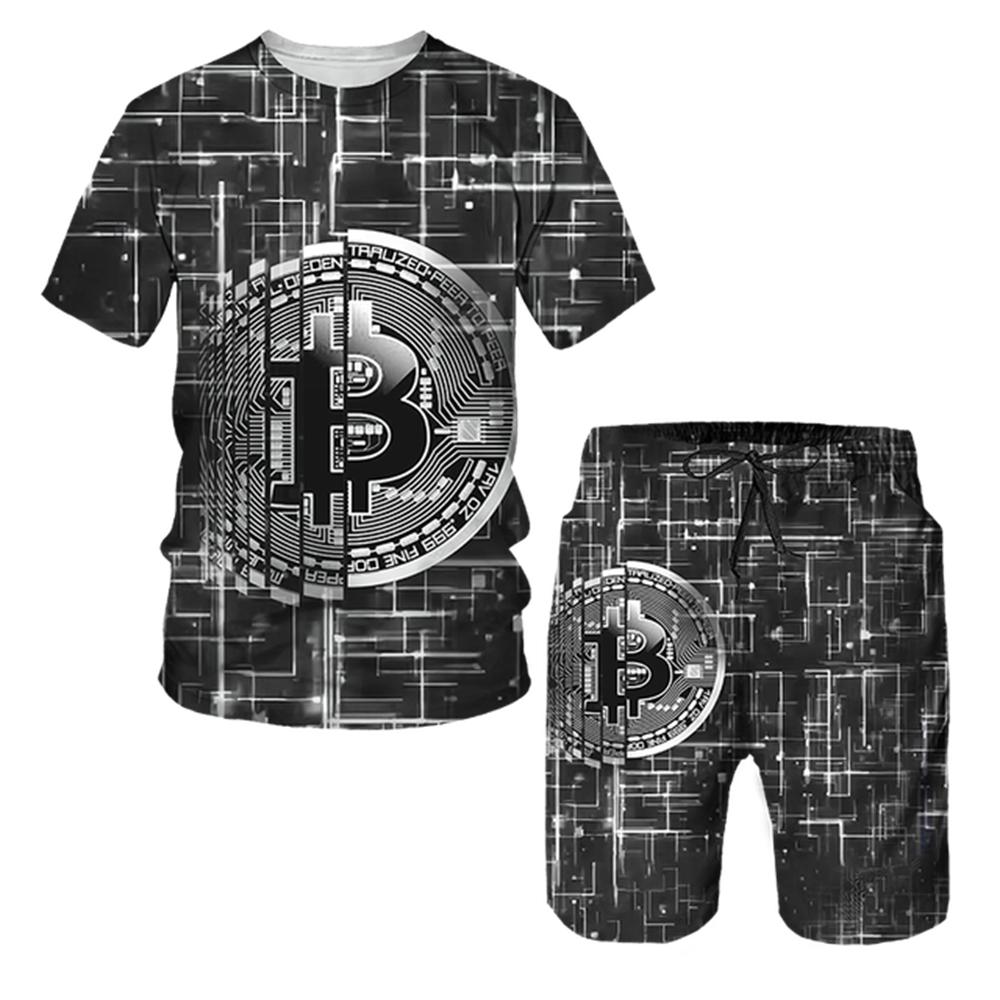Крутая мужская футболка с 3D принтом, модный мужской спортивный костюм с коротким рукавом, футболка с 3D графическим принтом биткойнов, шорты, повседневное лето