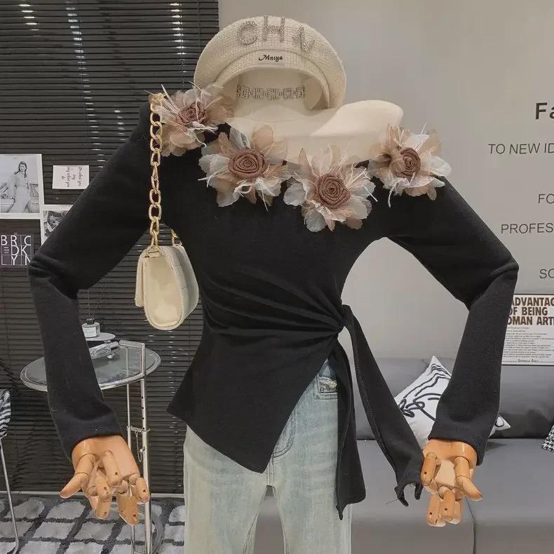 Женский облегающий топ с открытыми плечами и длинными рукавами в цветочек