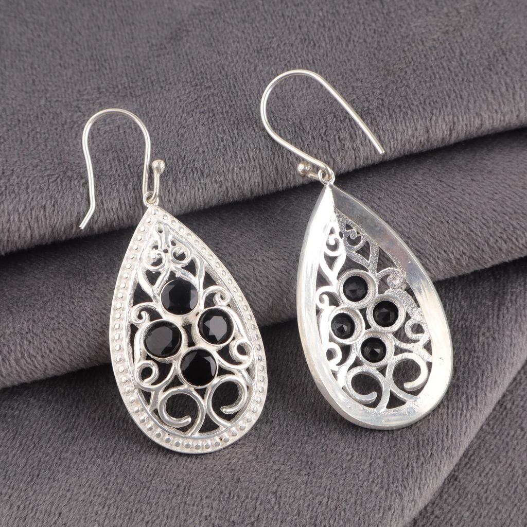 Черный оникс Драгоценный камень 925 Стерлинговое серебро Ручная работа Серьги 2,25" Подарок для жены CE-17-13