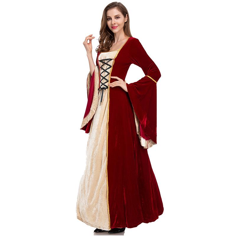 Women's Medieval Clothing Vintage Court Long Dress Strap Waist Gold Diamond Fleece Dress