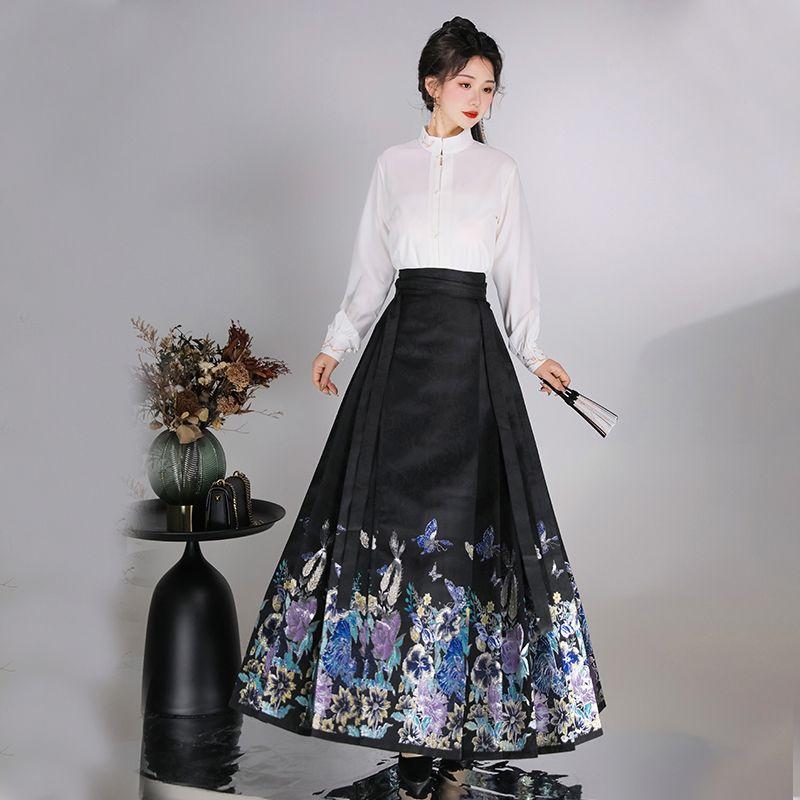 Оригинальная китайская женская рубашка в стиле династии Мин в стиле ханьфу со стоячим воротником и юбкой с лошадиным лицом