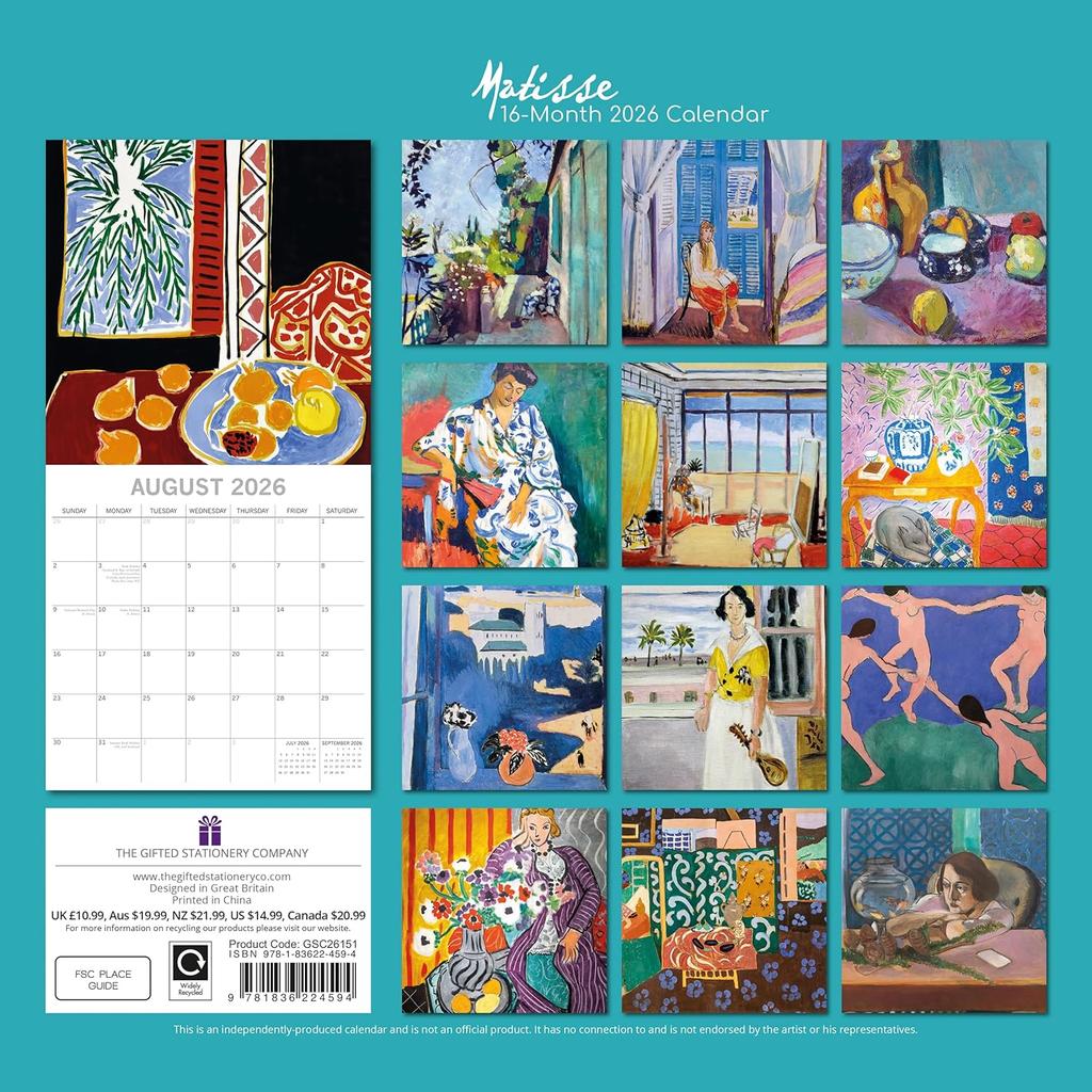 2026 Square Wall Calendar - Matisse 12 x 12 Inch Monthly View, 16-Month, Art Theme, Includes 180 Reminder Stickers