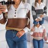 Autumn and Winter Casual Button V-neck Cut-out Color Lantern Sleeve Pullover Sweater for Women