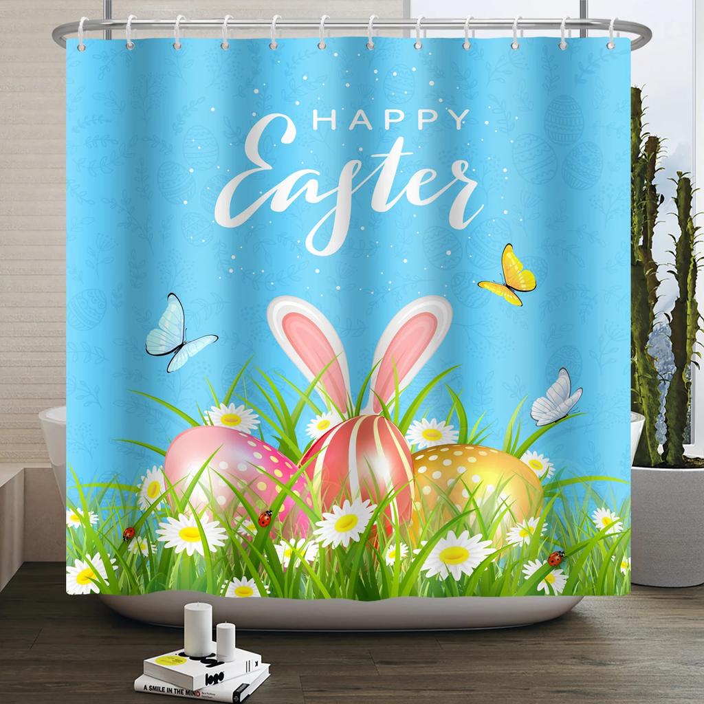 Весенняя Пасхальная Занавеска для душа Счастливый Кролик Кролик Яйца Цветочный Сад Цветочный Праздничный Водонепроницаемая Занавеска для душа для ванной комнаты с крючками
