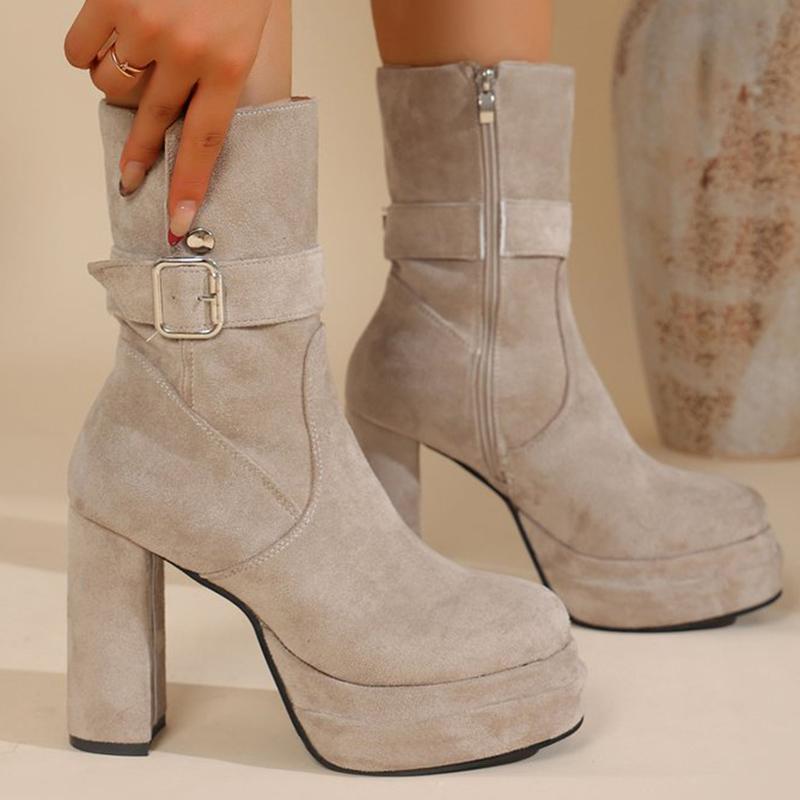Sexy Super High Heel Platform Boots Women Black Apricot Faux Suede Ankle Boots Woman Buckle Detor Zipper Up Booties Ladies