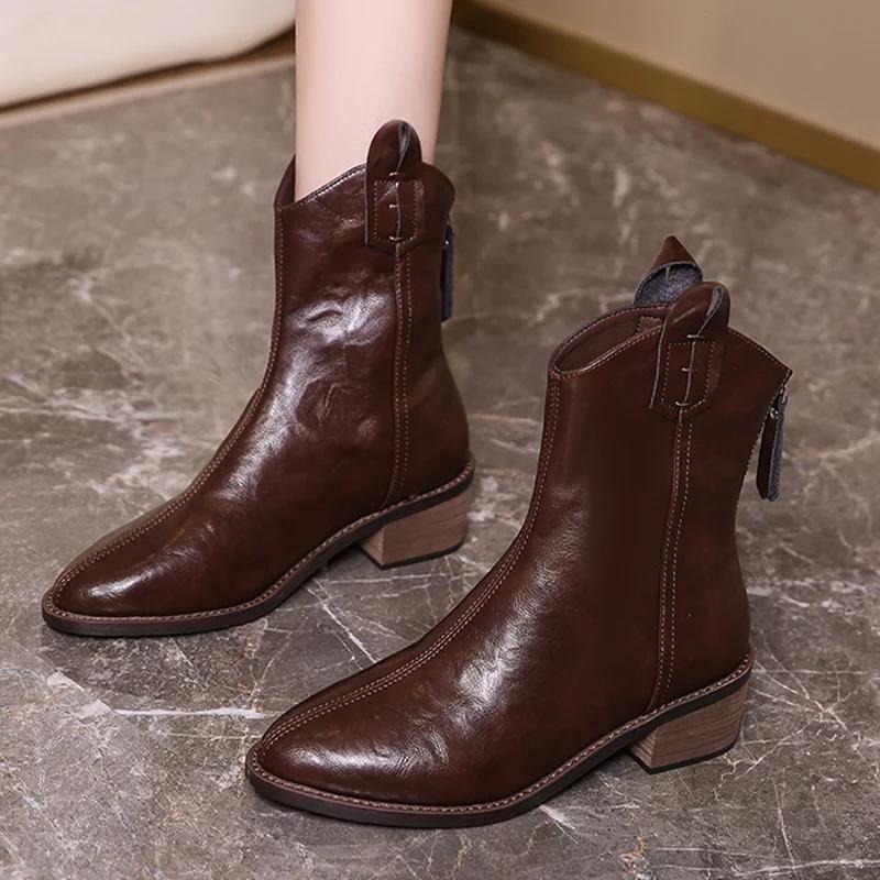 Остроносые массивные женские ботильоны, элегантные кожаные туфли на среднем каблуке 2025 года, модные зимние туфли-лодочки, классические готические туфли Botas De Mujer