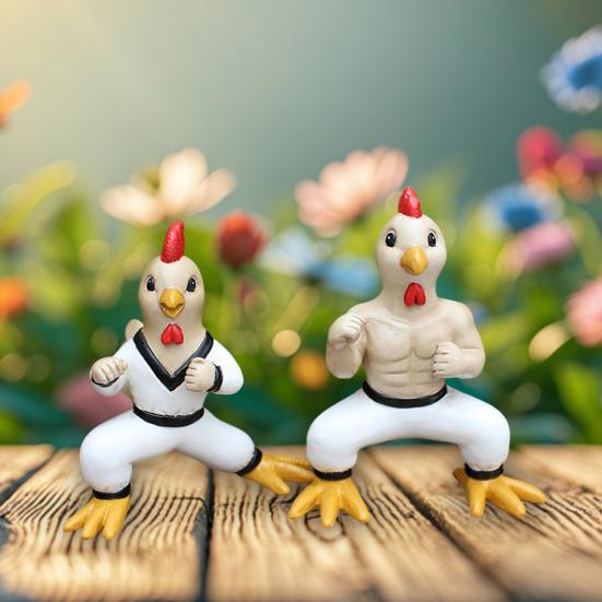 2 шт. фигурка цыпленка кунг-фу, смоляная фигурка бойца цыпленка, мультяшная скульптура животного для домашнего офиса, внутреннего и наружного украшения сада, орнамент