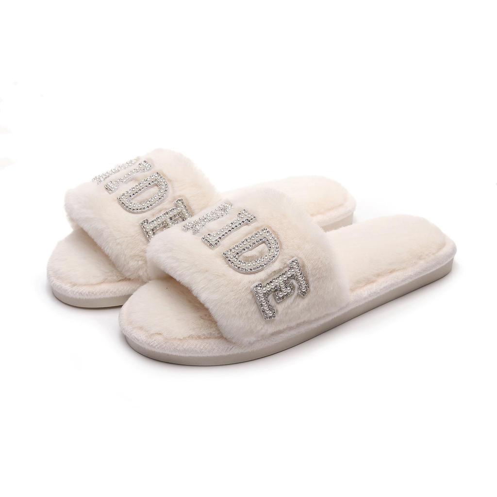 Hot-Selling Pearl Diamond 'BRIDE' Plush Slippers for Bachelorette Parties and Weddings