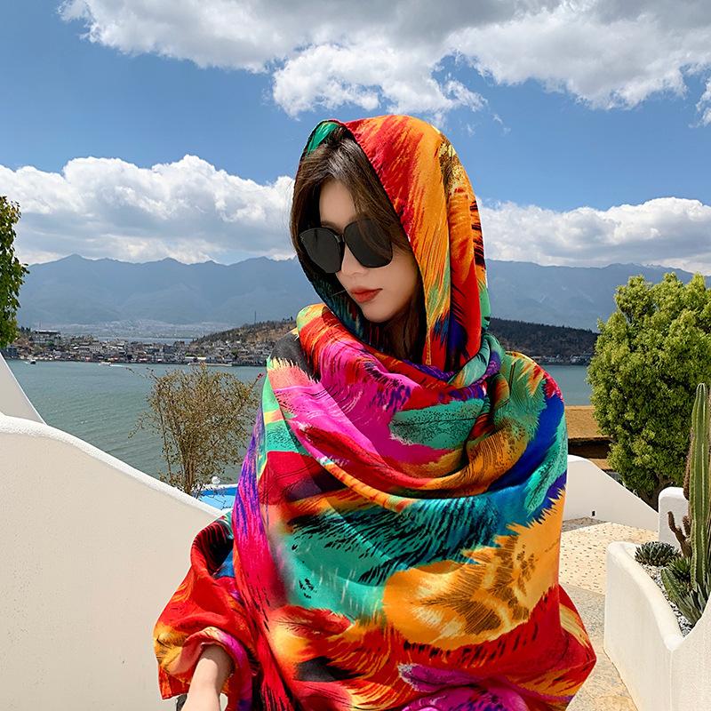 Summer cotton and linen feel scarf travel silk scarf sun protection air conditioner large shawl women's beach towel ethnic style scarf