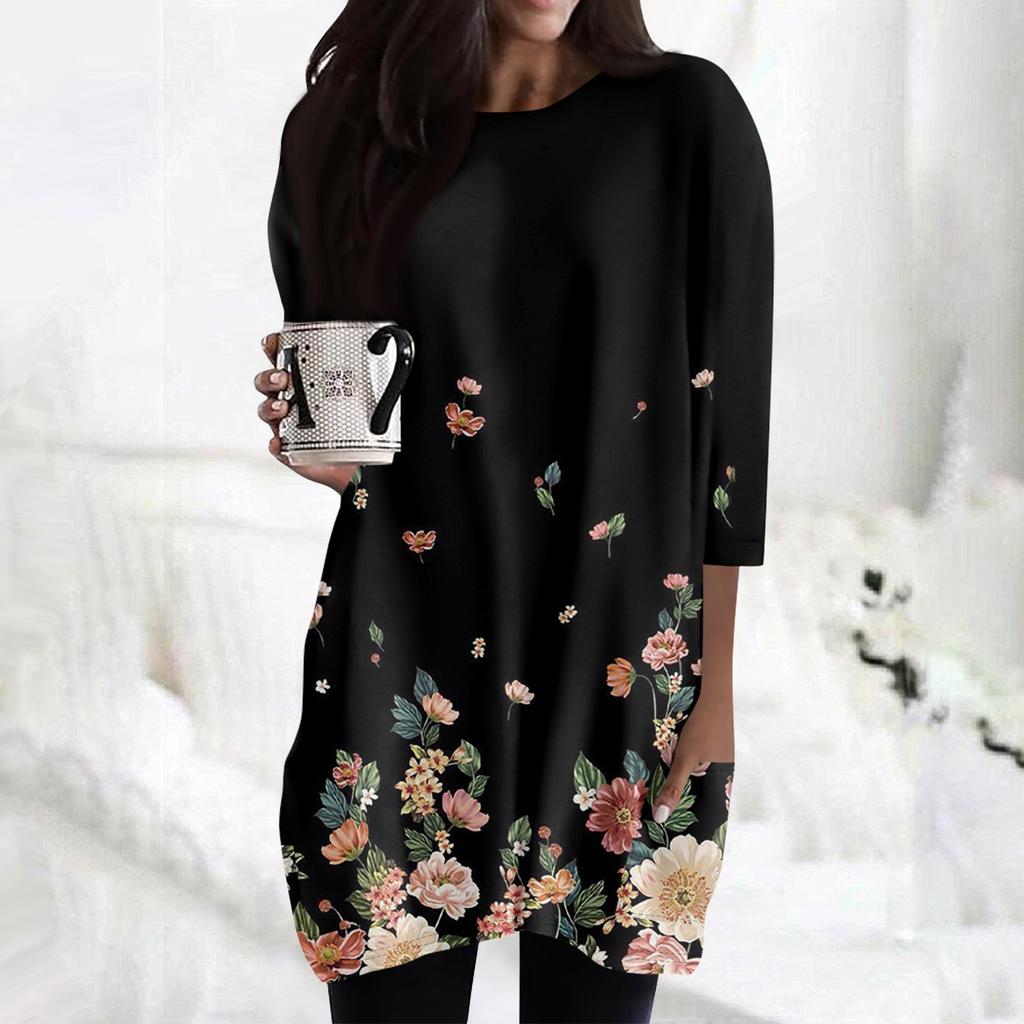 Женские повседневные рубашки с рукавами 3/4, модные туники с принтом, топы с карманами