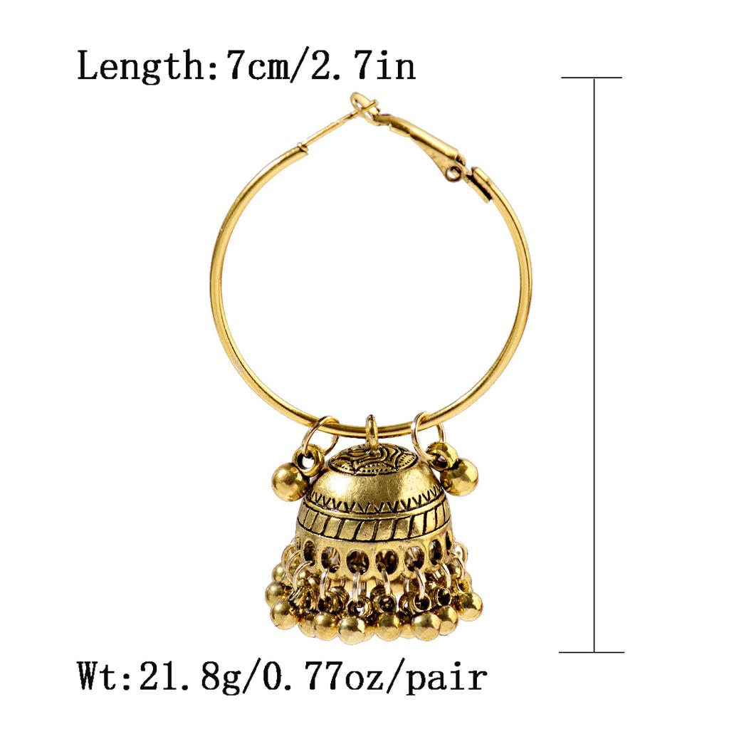 Women‘s Boho Ethnic Gold Copper Plated Jhumka Indian Earring Gypsy Zircon Vintage Big Bells Dangle Hanging Earrings For Women