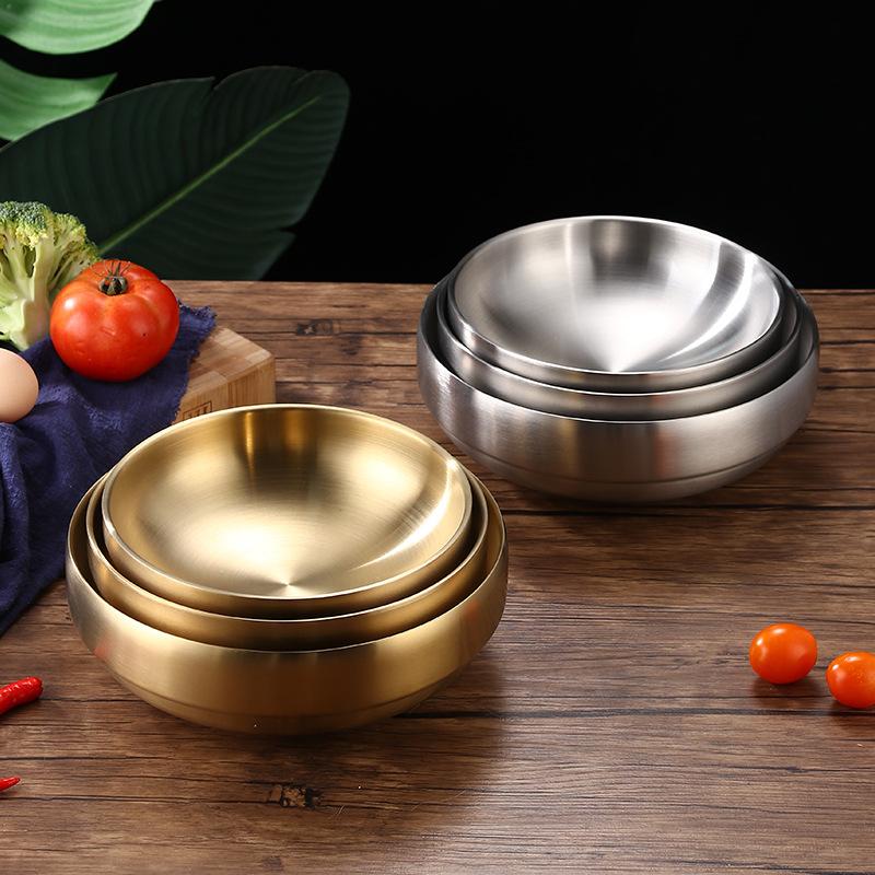 Double-layer Korea 304 Stainless Steel Bowls Rice Noodle Dishes Insulated Lunch Tableware Golden Restaurant Kitchen Supplies