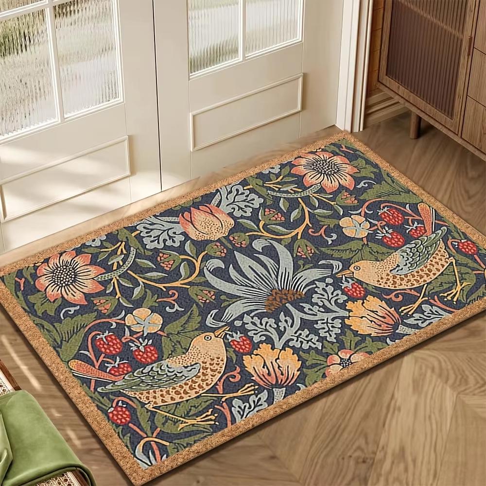 William Morris Style Floral Bird Doormat, Non-Slip Absorbent Entryway Rug for Indoor & Outdoor Decor