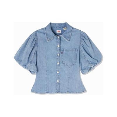 Levis Fw22 Однотонная однобортная рубашка с воротником, рукавами-буфами и короткими рукавами, женская рубашка, синяя A1878-0001