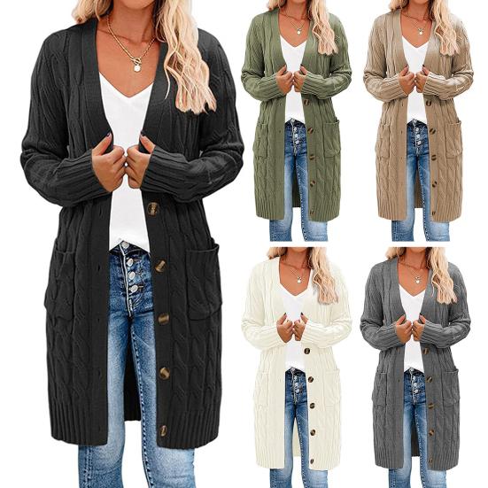 Женский свитер, кардиган с V-образным вырезом, длинным рукавом, перекрученной текстурой, трикотажными топами с карманами, однотонный трикотажный жакет на пуговицах