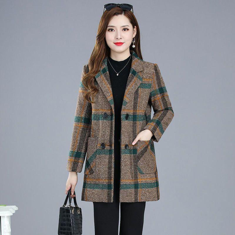 Autumn and Winter Coat Temperament Mid-length Blouse Women's Plaid Windbreaker