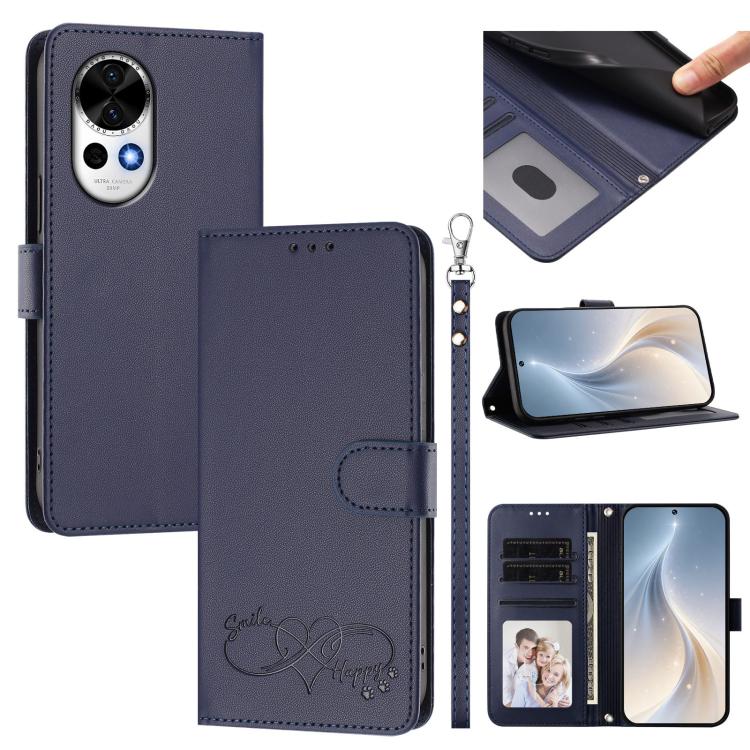 Happy Heart Pattern Magnetic Closure Vegan Leather Phone Case with Wrist Strap For Huawei Mate 60