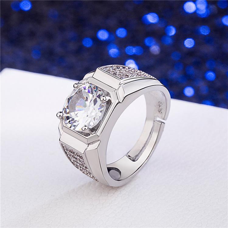 S925 Silver Ring Fashionable and Popular Men's Large Diamond Ring Opening Adjustment Ring Diamond Accessories