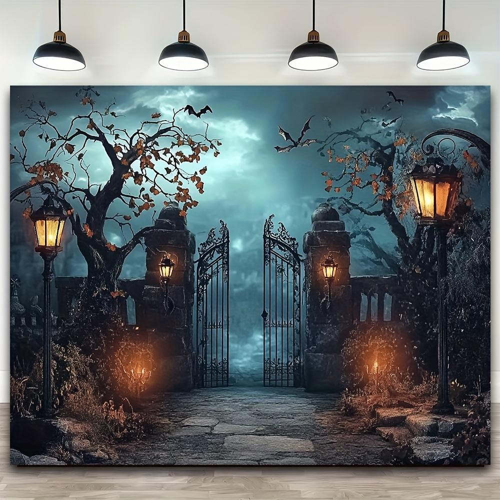 1 terrifying iron gate background - Moonlight sky and illuminated portal polymer photo background Halloween decoration