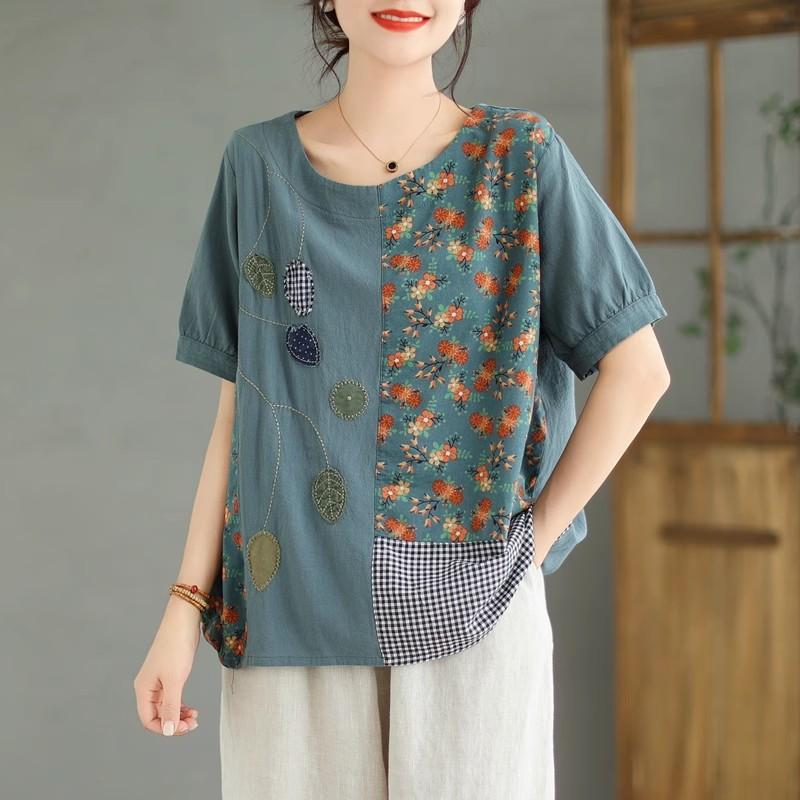 Dimanaf 2024 летние женские футболки больших размеров с цветочным принтом, элегантные лоскутные топы с рукавами, футболки, свободная повседневная льняная рубашка 91688