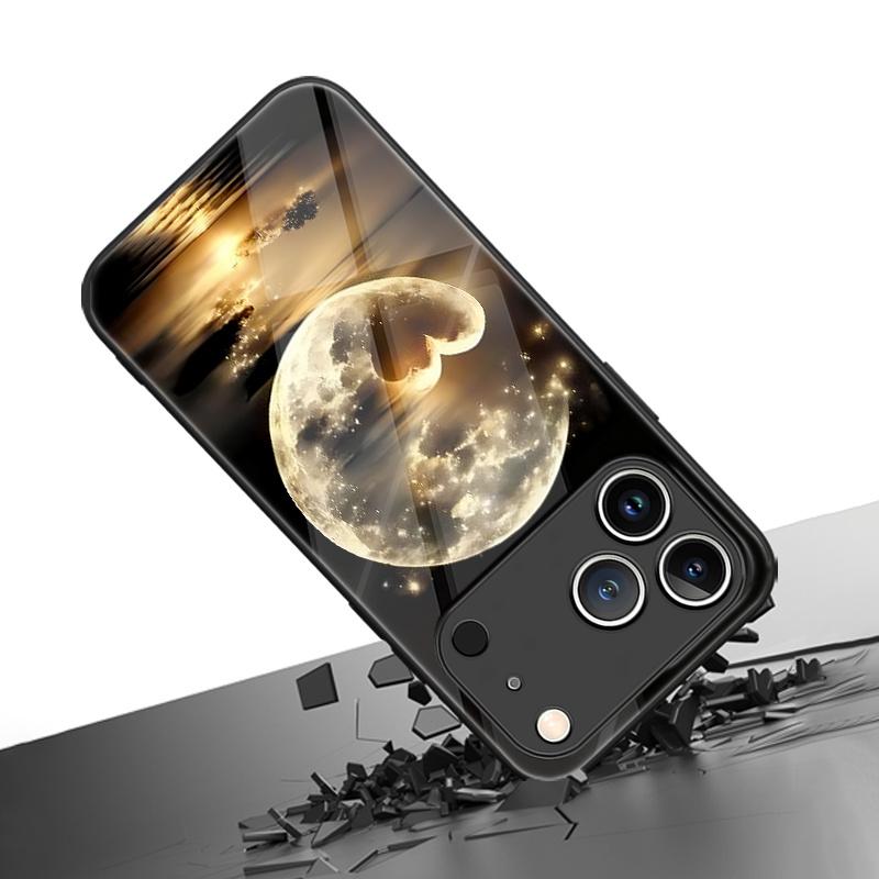 Закаленное стекло чехол для телефона для iPhone 17  16  15  14  13  12  11pm Pro Plus. Художественный дизайн луны в форме сердца.