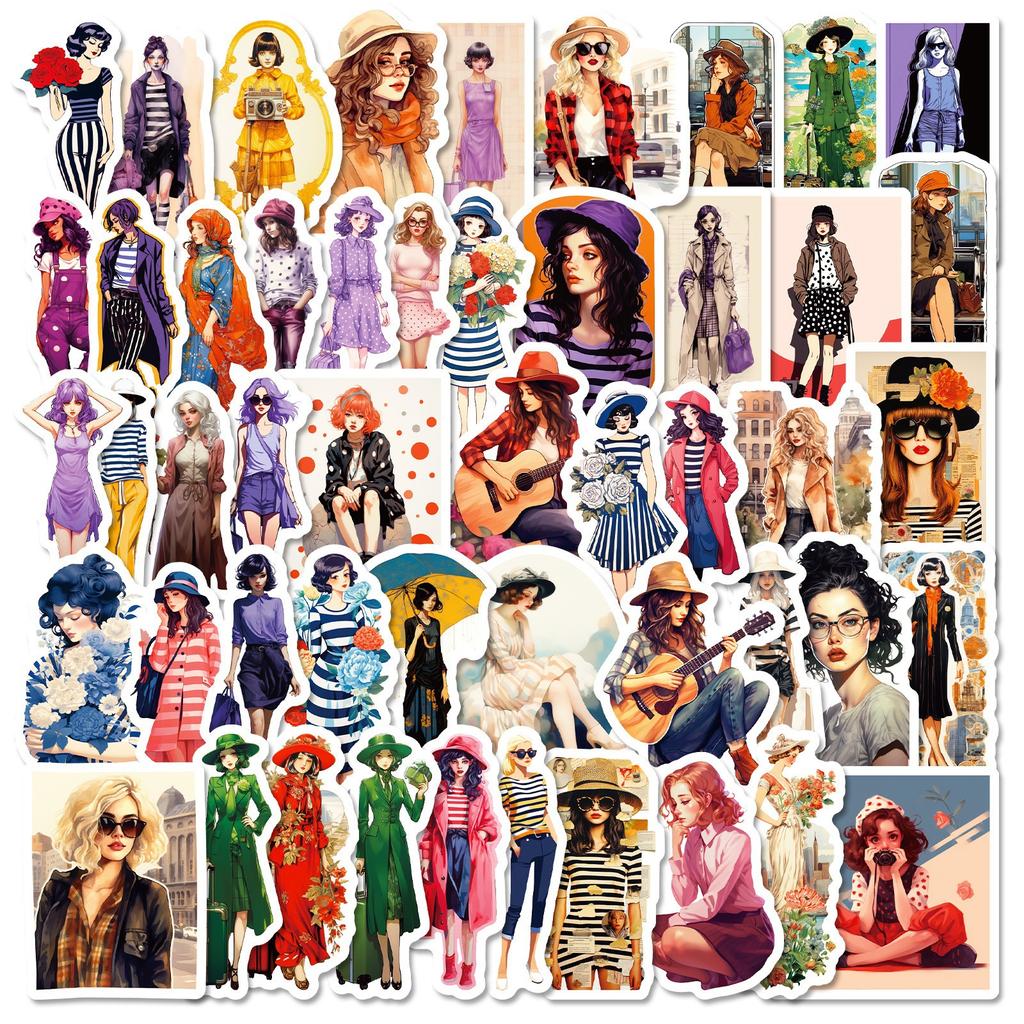 50 Retro Posters, Wind and Flower Season Girl Stickers, Travel Suitcase Notebook Stickers