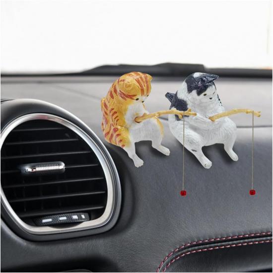 2PCS Cute Fishing Cat Car Accessories - Resin Pussy Dashboard Ornament & Rearview Mirror Decoration for Car Interior, Funny Cartoon Cat Figurines