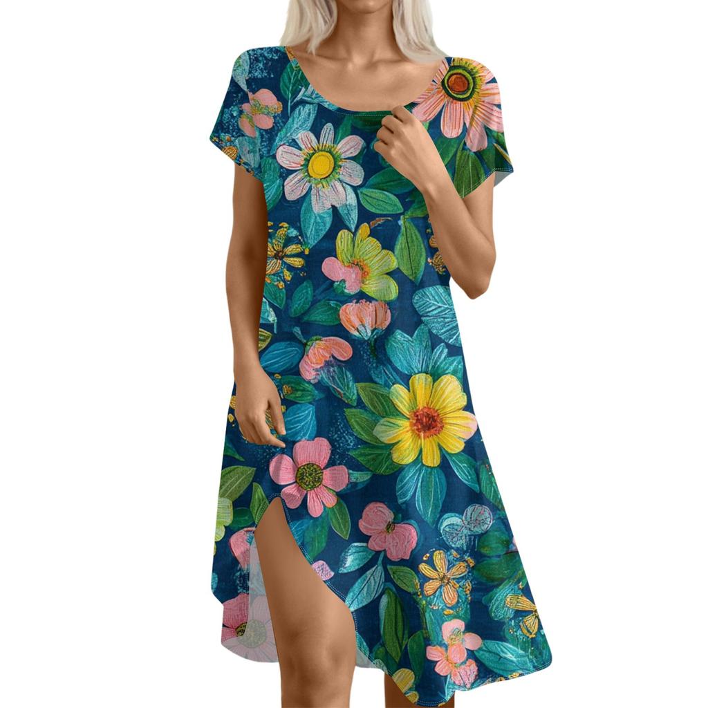 Short Sleeve Boho Dress For Women Casual Loose Fit Summer Sundress Floral Print Dress With Pockets