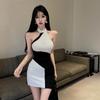 Elegant French Chic Color-Block Off-Shoulder Sleeveless Bodycon Dress High Waist Mini Party Wear