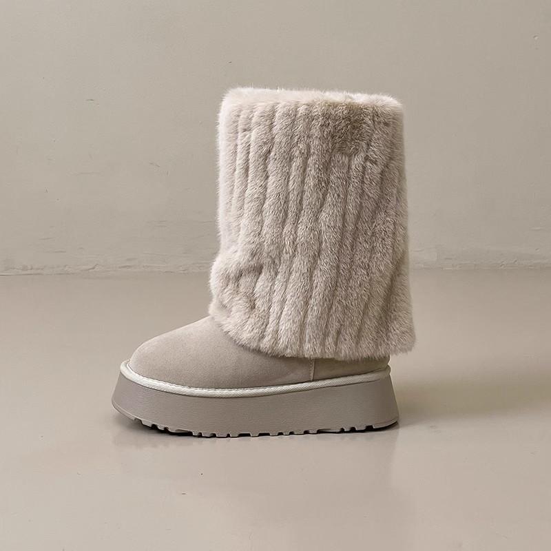 Модные женские сапоги в корейском стиле с мехом 2024 года, новые зимние плюшевые теплые женские сапоги до середины икры, повседневные зимние сапоги на платформе для отдыха на открытом воздухе