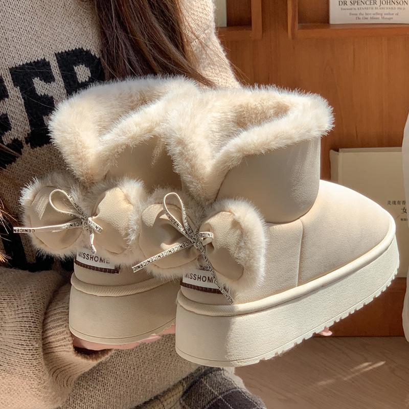 Новые зимние ботинки из хлопка с шерстяным бантом на толстой подошве, увеличивающие рост, новые зимние бархатные теплые и нескользящие парные сноубутсы