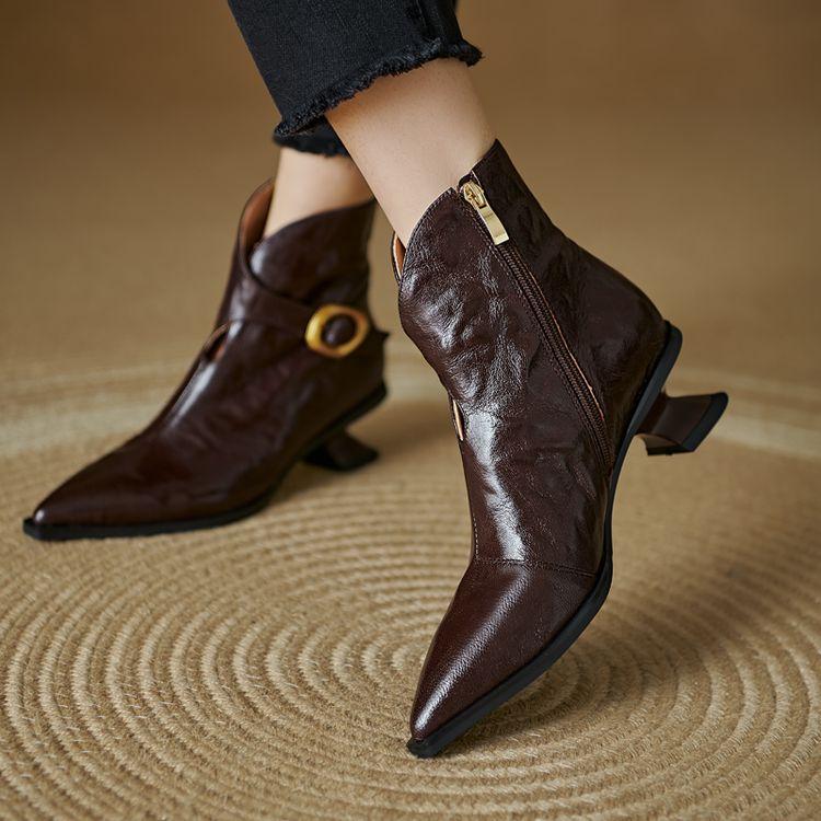 Fashion New Autumn Winter Women Boot Shoes for Women Pointed Toe Short Boots Fashion Boots Genuine Leather Boots Handmade High Heels
