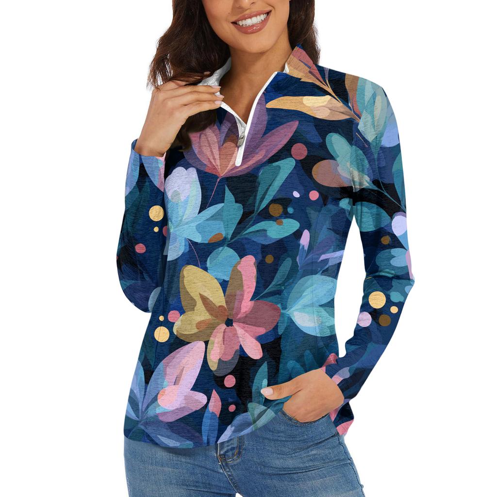 Women's Casual Fashion Retro Floral Print Long Sleeve Zipper Neck Top T-shirt