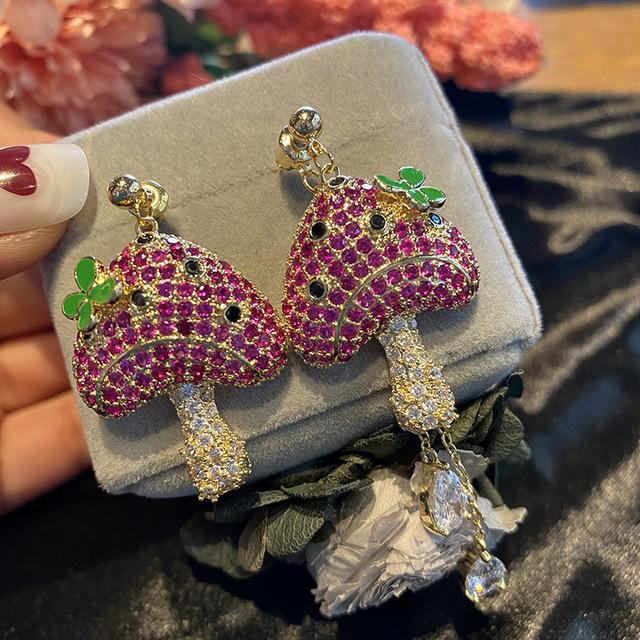 Серьги-капли из серебра 925 пробы с милыми грибами и цветочными кисточками для женщин, красочные висячие серьги с кубическим цирконием