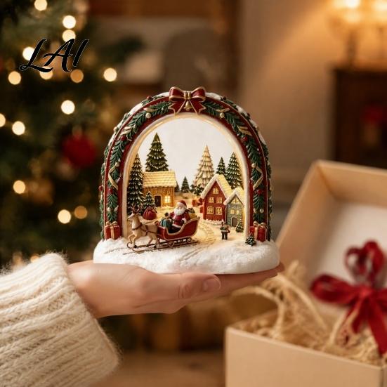 Indoor Winter Wonderland Ornaments Christmas Wooden Tabletop Decor with Warm LED Lights 2D Printed Snow Village Scene Tree Figurines Santa