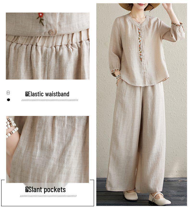 Женский комплект из двух предметов большого размера из хлопка и льна с вышивкой - Весенняя мода