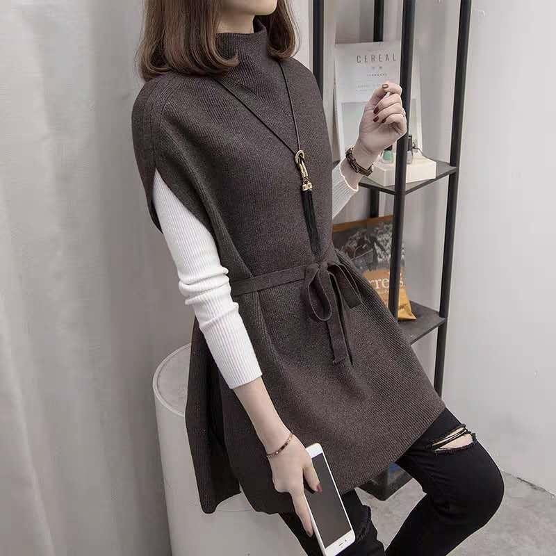 Half Turtleneck Knitted Vest Mid-length Women's Waistcoat Loose Sweater Pullover