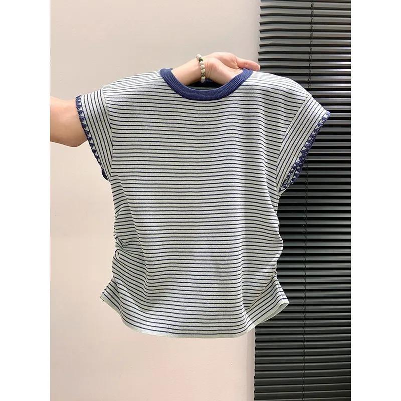 Женский фиолетовый полосатый вязаный топ с круглым вырезом, коротким рукавом, боковыми сборками, повседневный, облегающего кроя, блузка