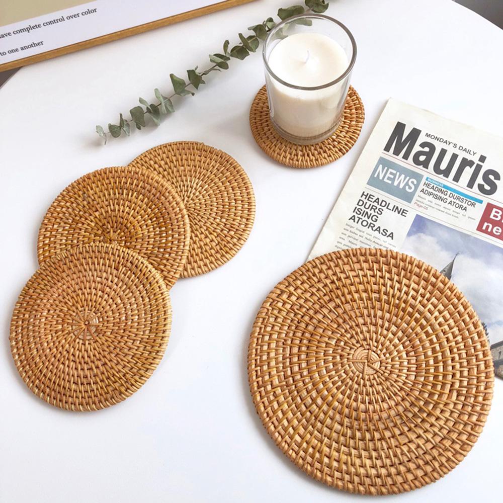 Handmade Round Natural Rattan Pad Multi-Use Heat Insulation Anti Scald Round Tea Cup Mat Pot Kitchen Decoration Accessories
