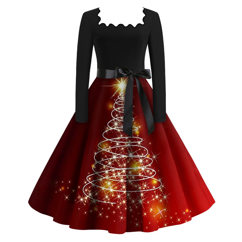 Women's Fashion Square Neck Casual Slim Christmas Printed Long Sleeve Dresses