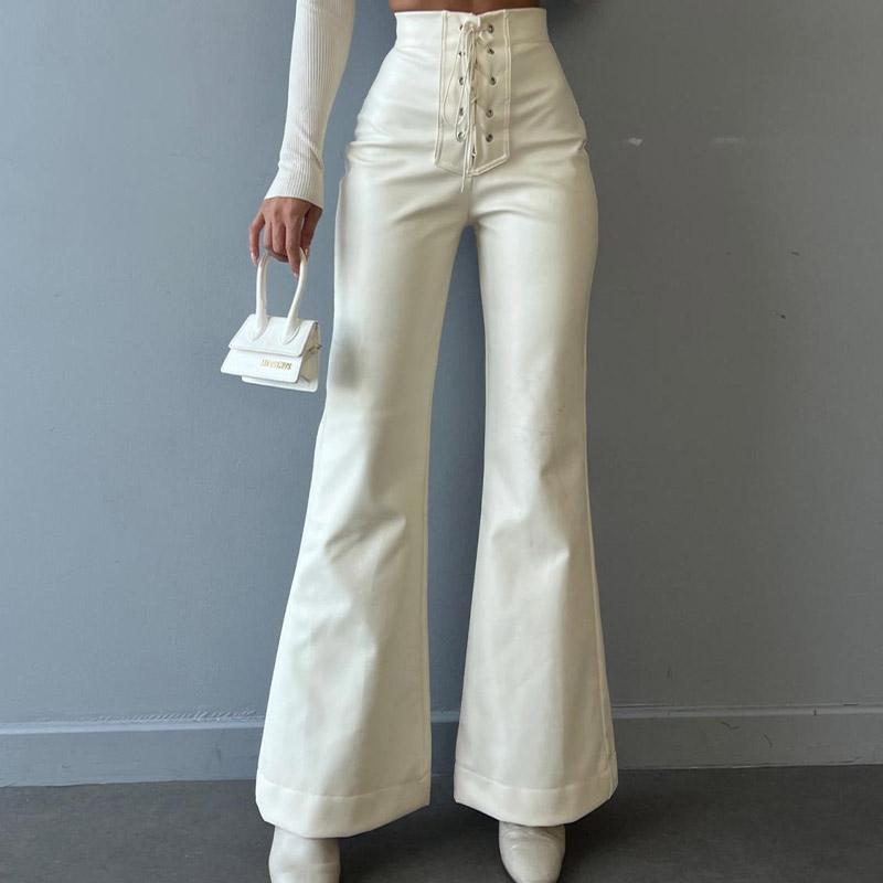 Fashion Sexy Bandage Leather Flare Pants Women High Waist Hip Package Zipper Trousers Female Autumn Pant