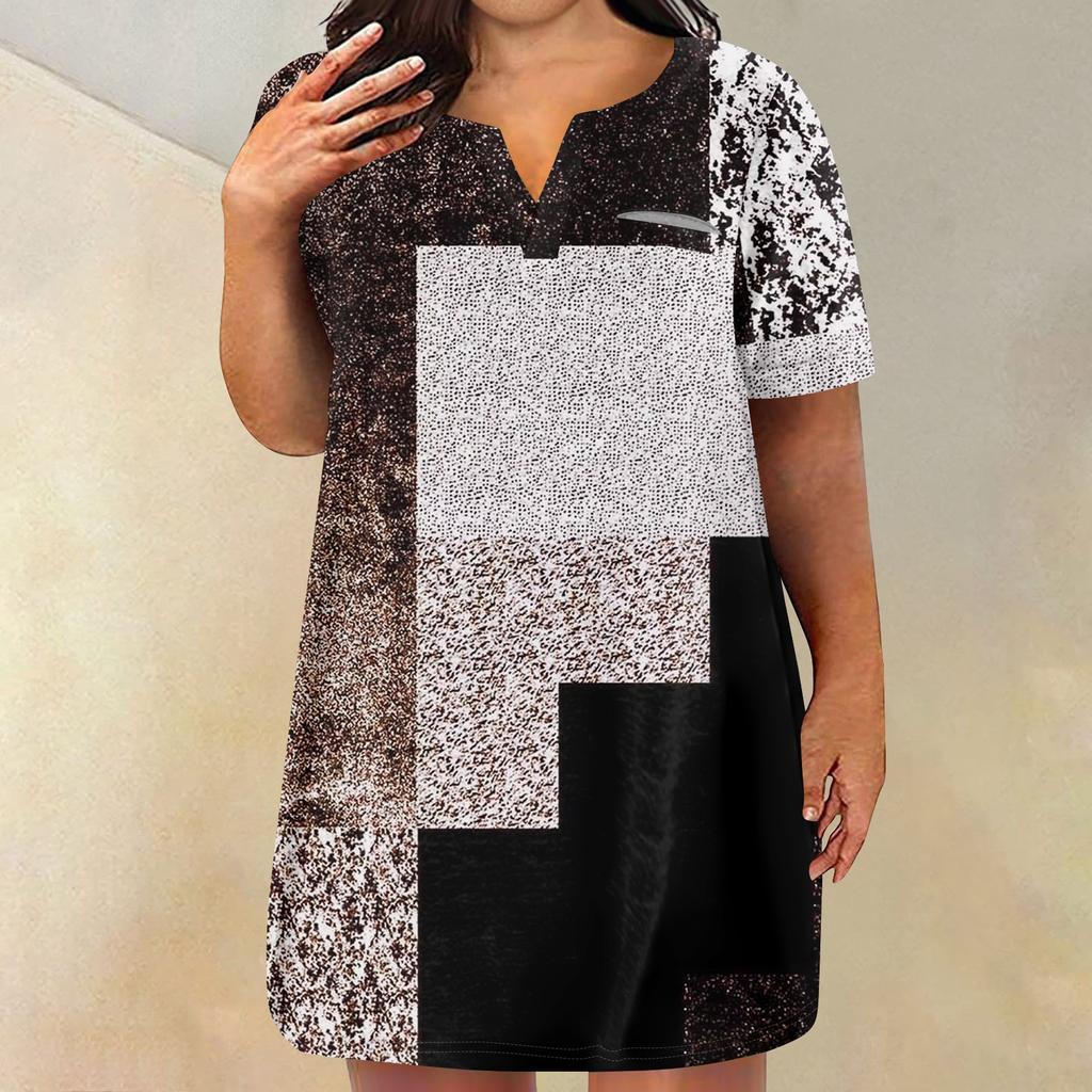 Womens Plus Size Dresses V Neck Short Sleeve Summer Casual Dress Tunic With Pocket