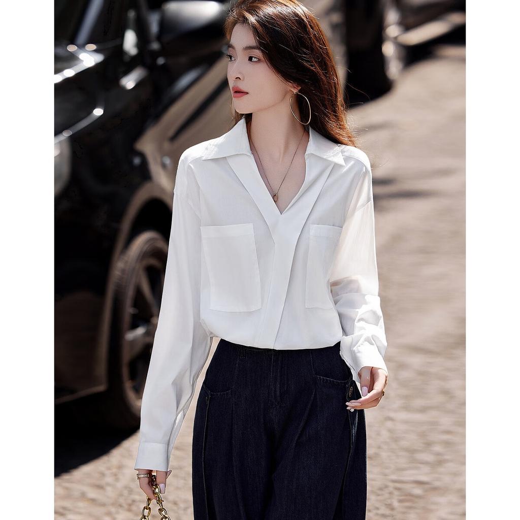 Dme [Open Fresh Replica] Spring And Autumn Intelligent Stand-Collar Shirt Design-Inspired Lapel Cross Shirt Women's Top